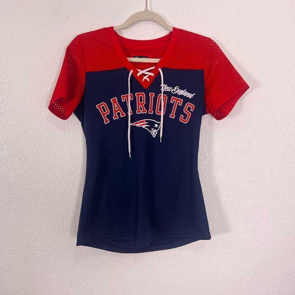 NFL New England Patriots Navy Blue with Red Mesh Sleeve Tshirt Jersey Small